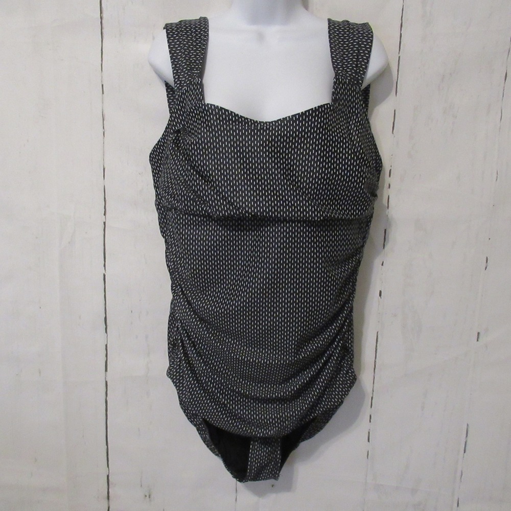 Albion Swimsuit XXL Black Print One Piece Minimalist Modest Pinup Ruched